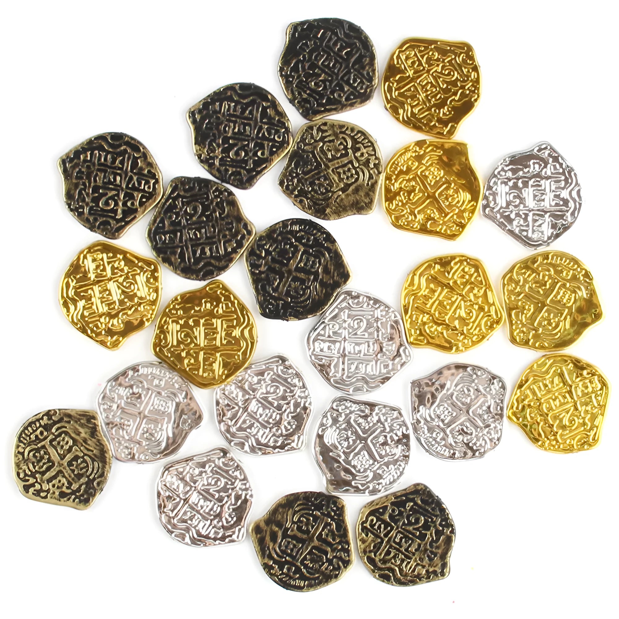 Set of 100 plastic Roman coins with electroplated bronze, gold, or silver finish, shown in hand for scale.