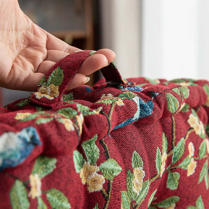 American-style square seat cushion in apricot colour with floral pattern, showing 8cm thickness.