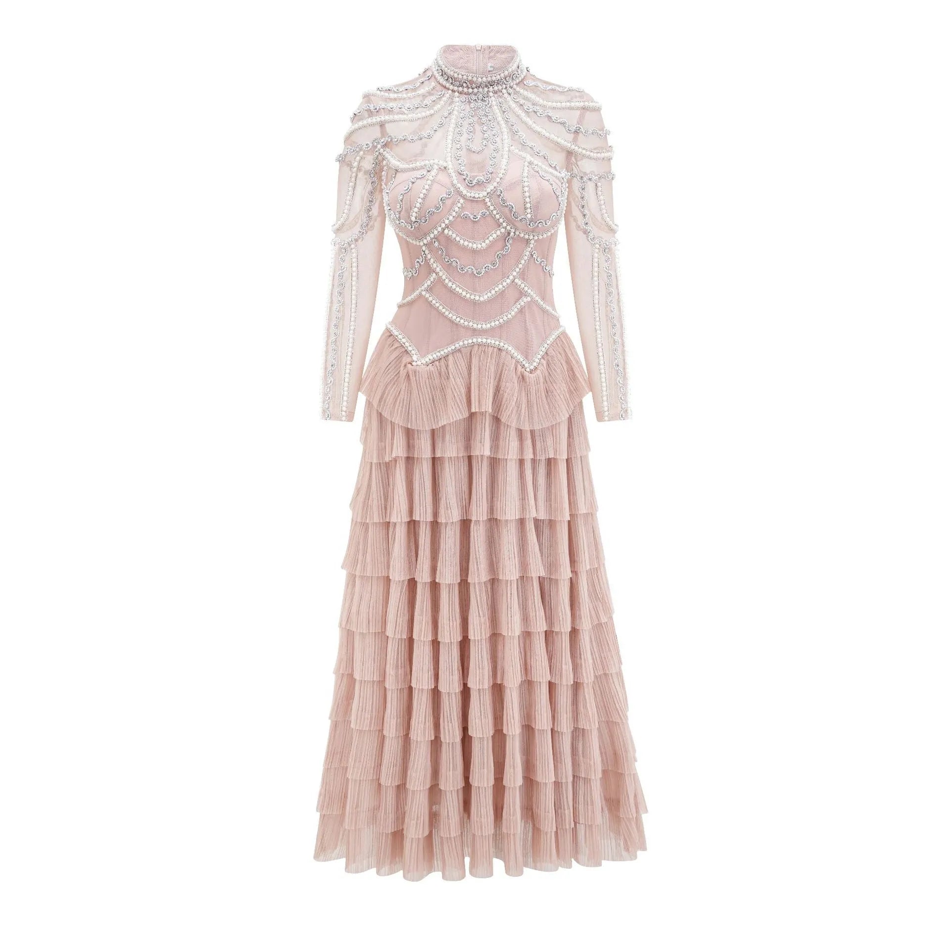 Women's black long sleeve beaded dress with three-dimensional decoration and mid-waist design