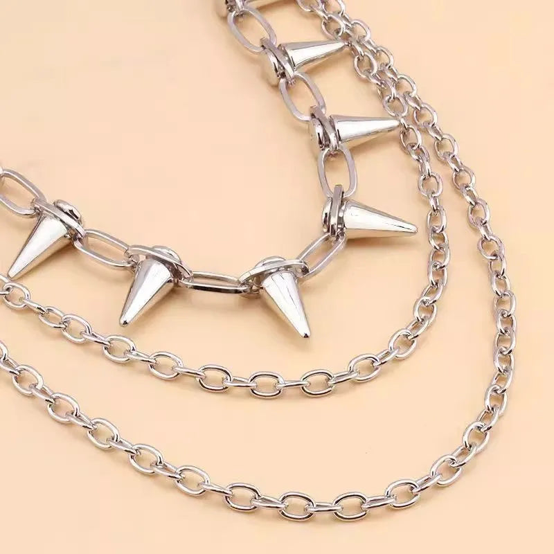 Double layer silver metal trousers chain with rivet details for punk hip hop fashion