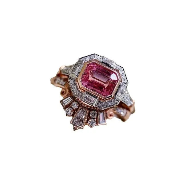 Rose gold geometric ruby women's ring with European retro styling on finger