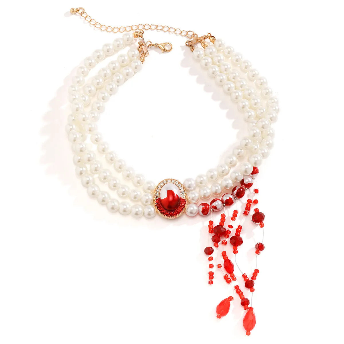 Halloween pearl collar jewellery set with electroplated gold necklace, bracelet and stud earrings in retro gothic style
