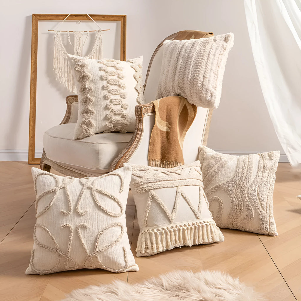 Printed sofa cushion cover with knitted tassel trim in a choice of six patterns and two sizes.