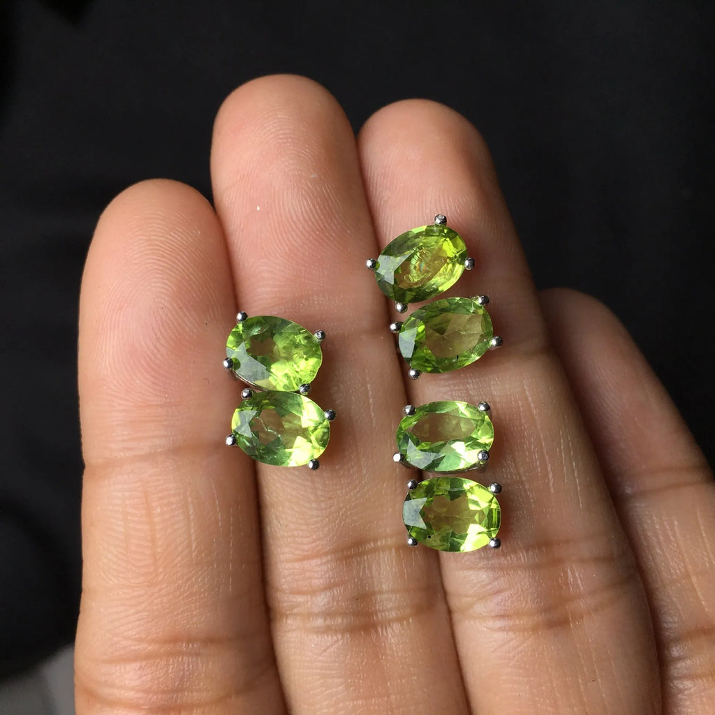Grass green natural olivine faceted stud earrings with S925 silver posts.