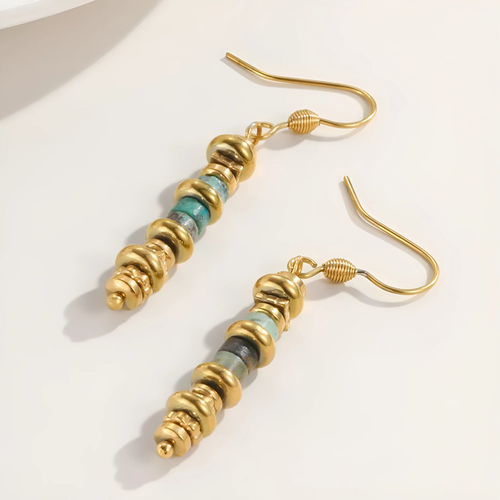 Geometric titanium steel dangle earrings with silver-toned finish and retro design