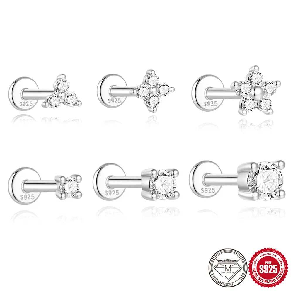 Platinum-plated S925 sterling silver stud earrings showing geometric, petal, and plain stud designs.