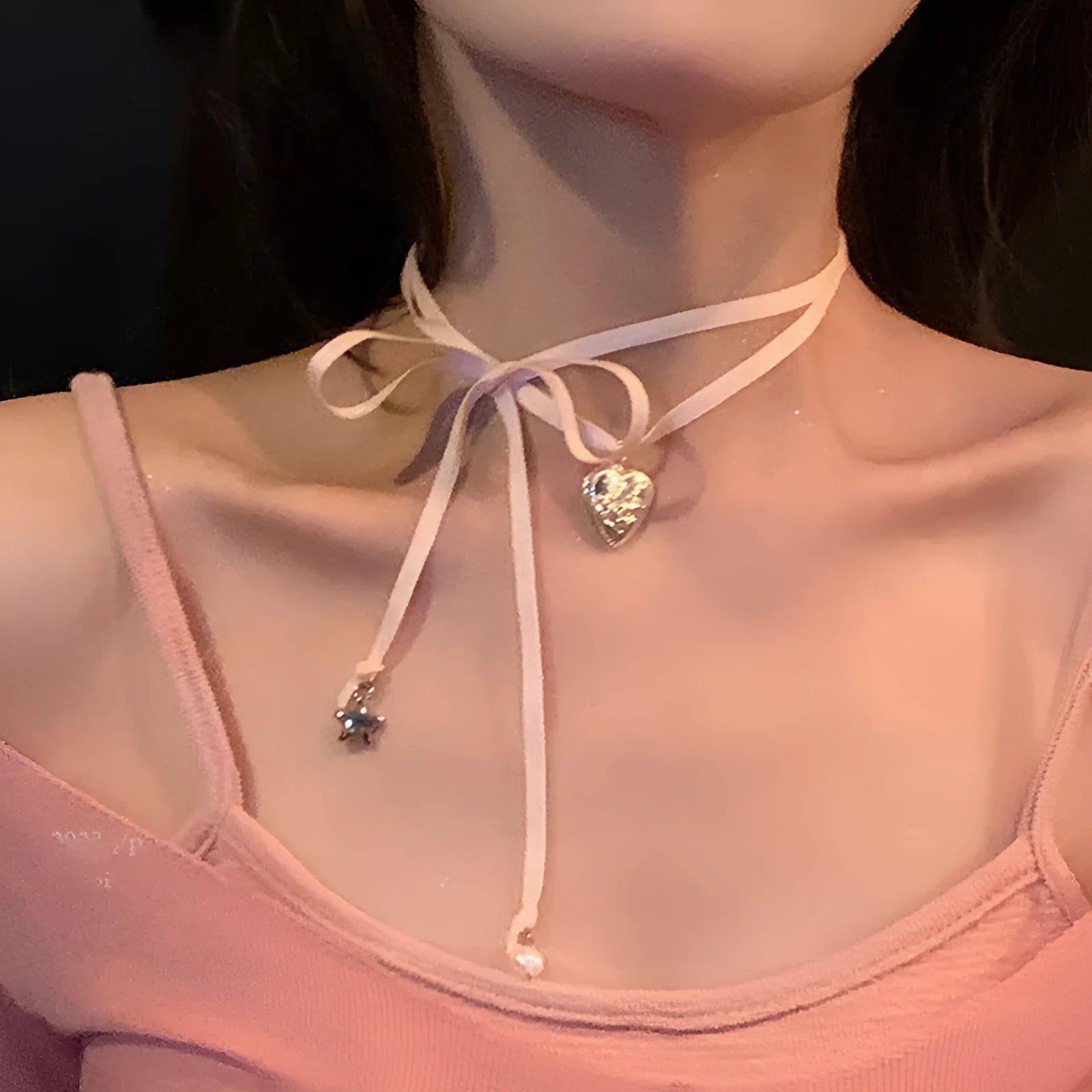Women's alloy necklace with ribbon love pendant on clavicle chain in electroplated 33colour finish