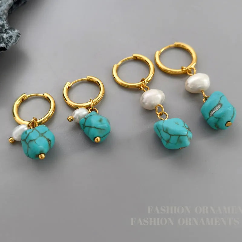 Irregular turquoise cultured pearl clip earring set with geometric copper design
