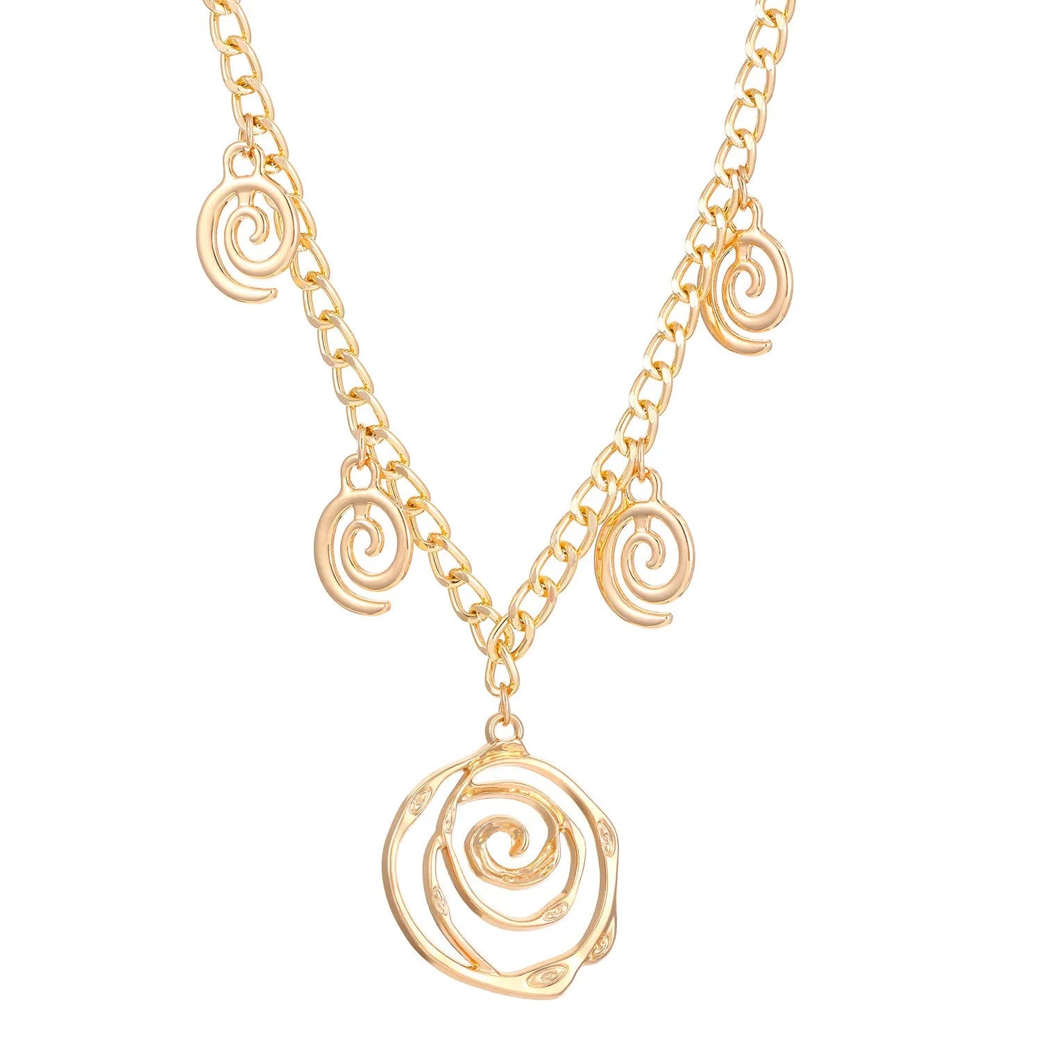 Gold spiral donut jewellery set showing necklace, bracelet and earrings with geometric circle design