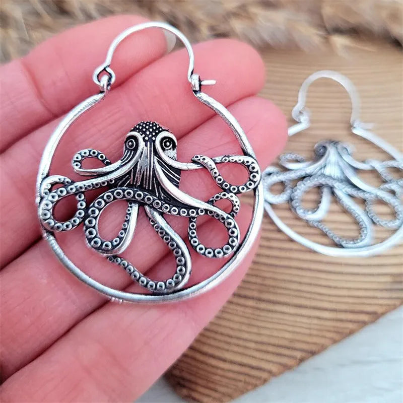 Vintage octopus earrings in antique silver finish with detailed animal zodiac modelling