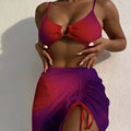 Women's orange gradient print three-piece swimsuit with loop buckle suspender
