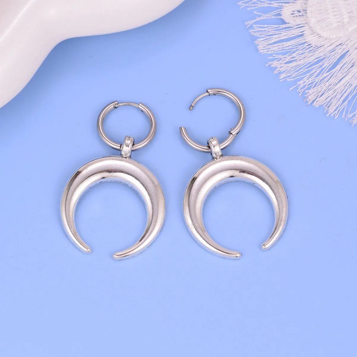 Silver vintage gothic moon clip-on hoop earrings with punk geometric styling