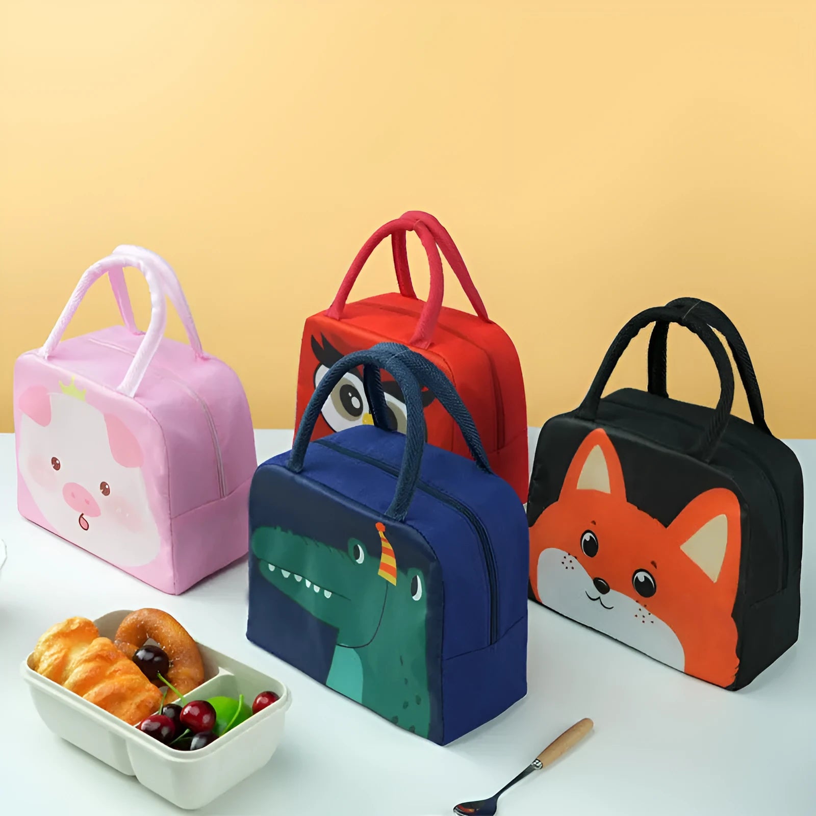 Children insulated lunch box bag with cartoon animal design and aluminium foil insulation