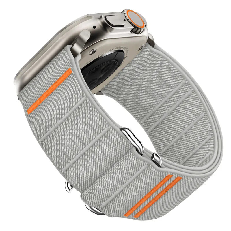 Elastic nylon Apple Watch band with stainless steel buckle shown in Army Green colour.