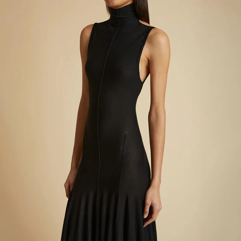 Grey slim-fit women's backless dress with half turtleneck and high waist