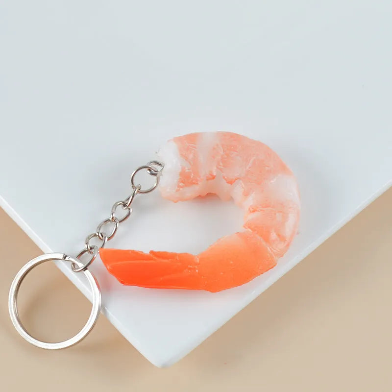 PVC injection-moulded simulation seafood shrimp keychain with door buckle attachment