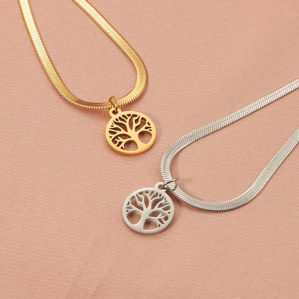 Stainless steel clavicle chain with tree pendant on snake bone chain in gold or steel colour.