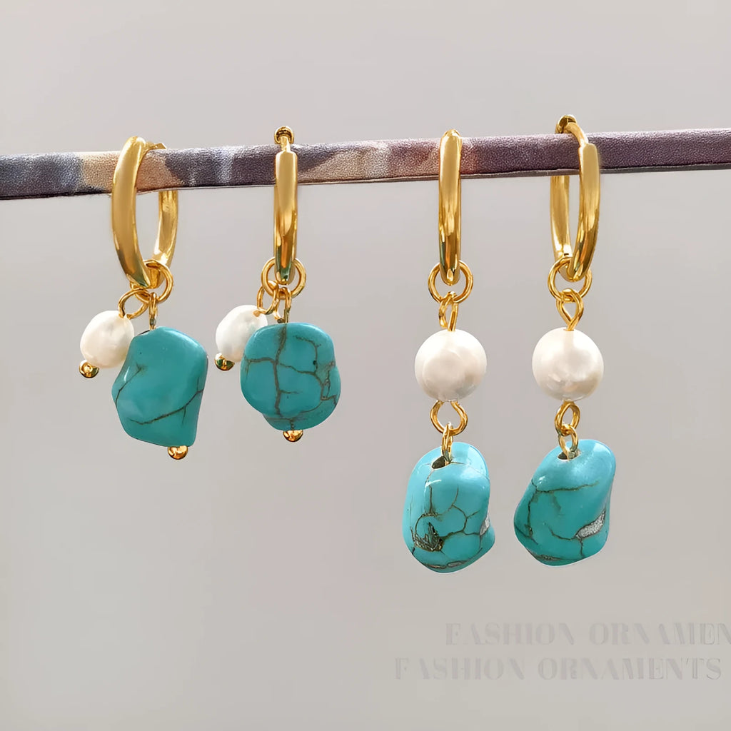 Irregular turquoise cultured pearl clip earring set with geometric copper design