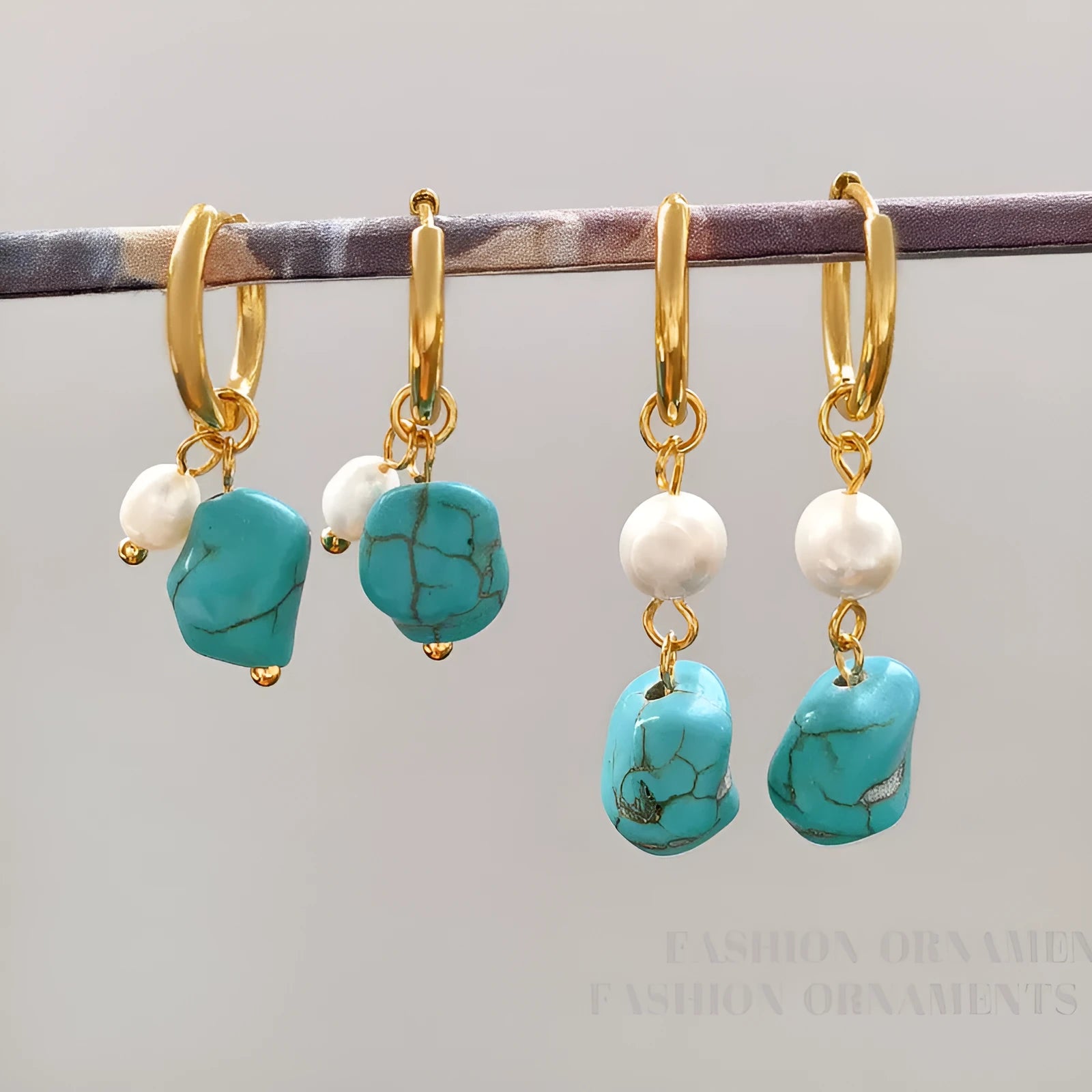 Irregular turquoise cultured pearl clip earring set with geometric copper design