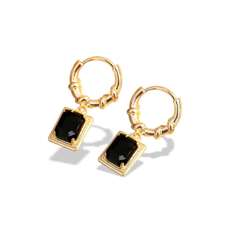 Geometric quadrilateral black zircon copper earrings with French court retro styling