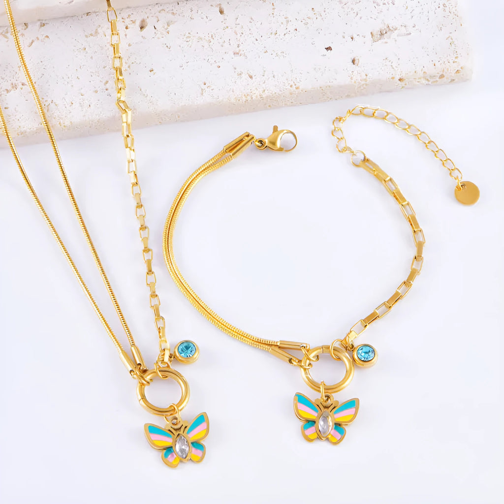 Gold titanium steel butterfly necklace and bracelet set with colourful epoxy detailing on animal pendant