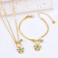 Gold titanium steel butterfly necklace and bracelet set with colourful epoxy detailing on animal pendant