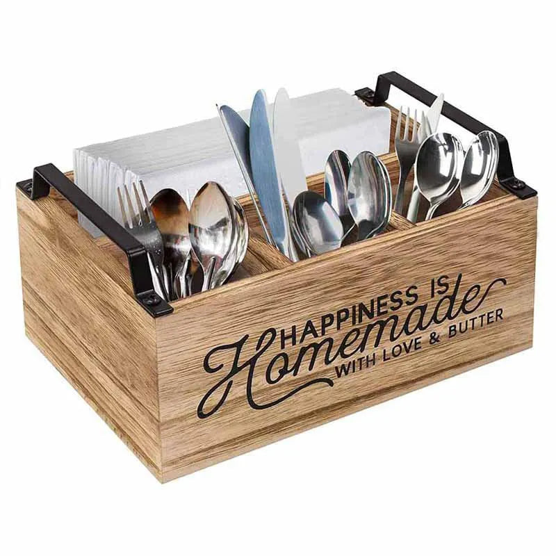 Wooden kitchen storage box with grid dividers for tableware organisation, modern minimalist design