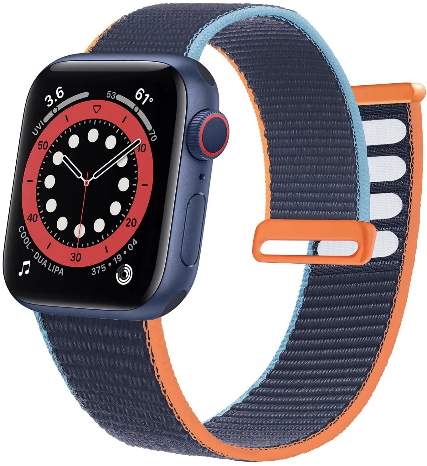 Woven fabric Apple Watch replacement strap shown in multiple colour options including reflective finishes.