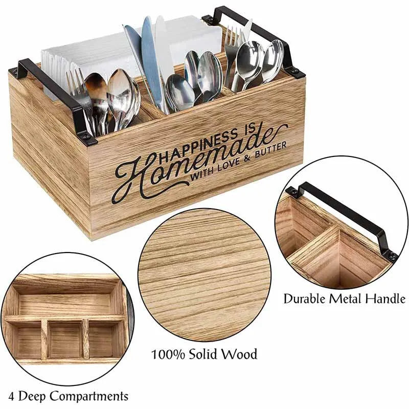 Wooden kitchen storage box with grid dividers for tableware organisation, modern minimalist design