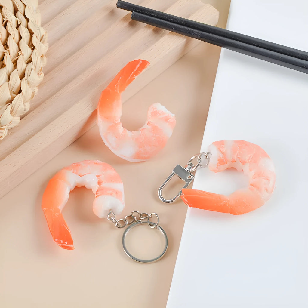 PVC injection-moulded simulation seafood shrimp keychain with door buckle attachment