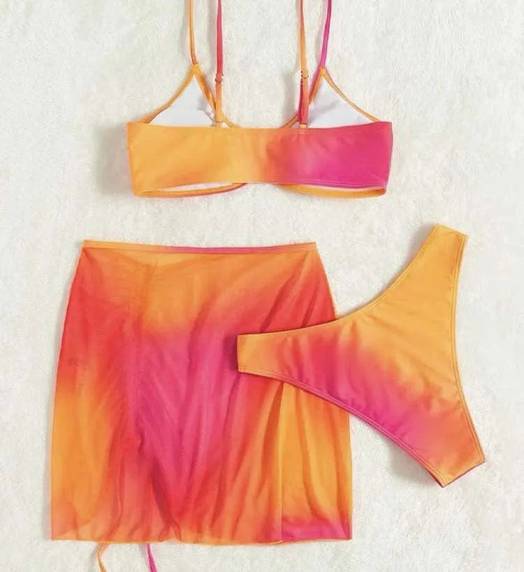 Women's orange gradient print three-piece swimsuit with loop buckle suspender