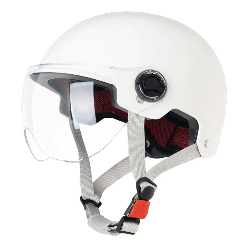3C certified polypropylene motorcycle helmet for electric bikes with sun protection, shown in multiple colours.