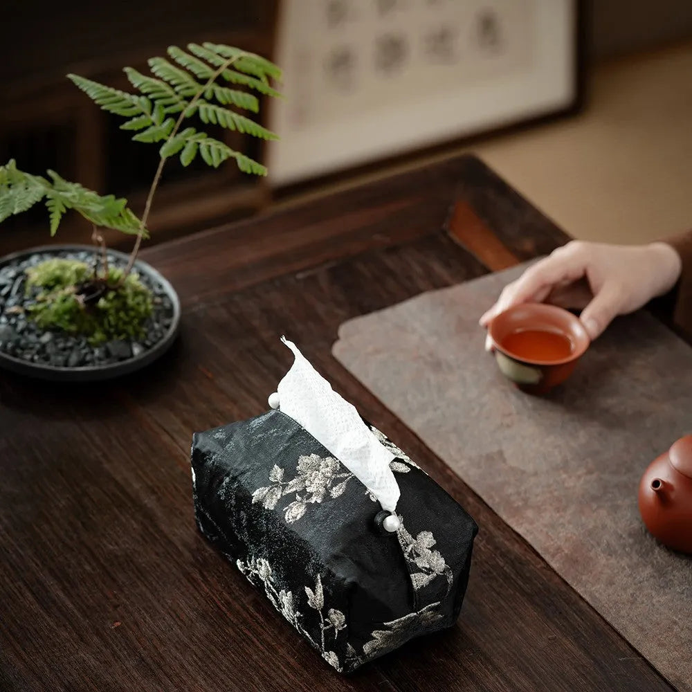 Chinese brocade fabric tissue box with embroidery white plum pattern, approx 17x6.5x10cm