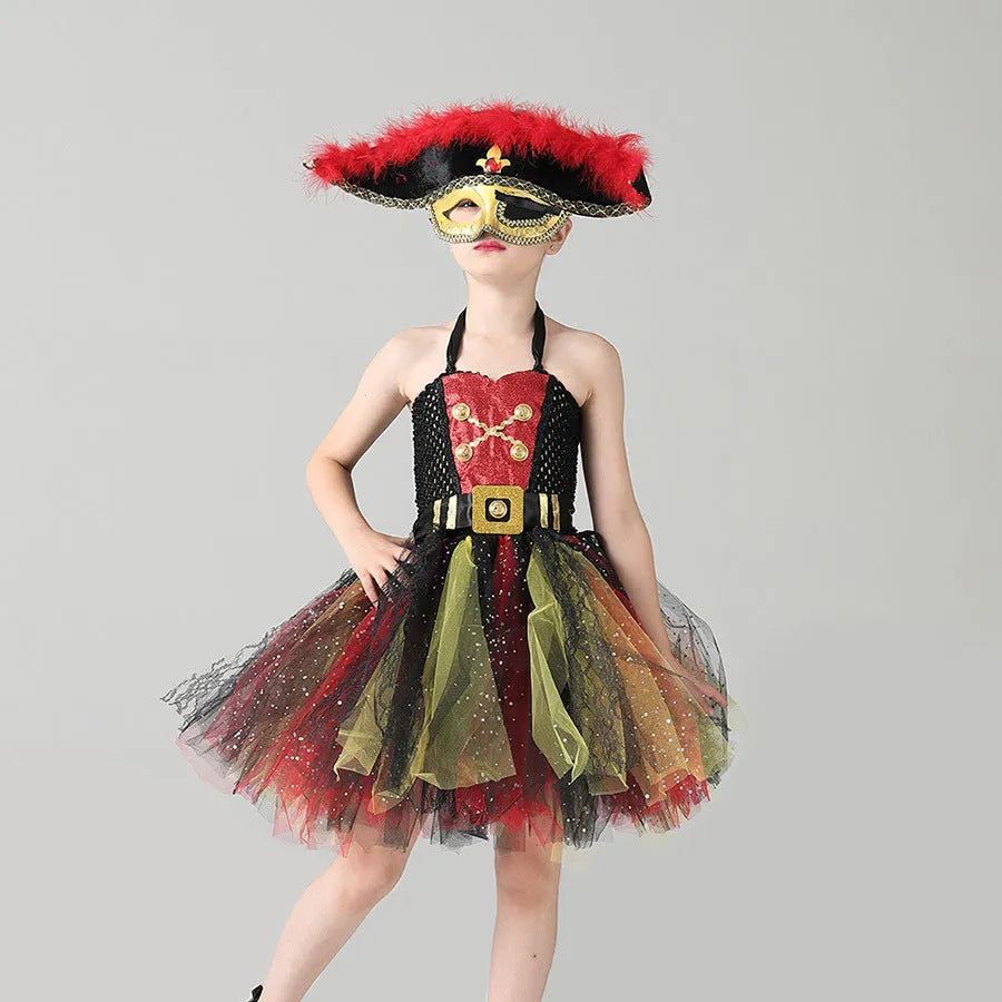 Girls pirate costume dress with black sequins, grey gauze mesh, and lace trim.