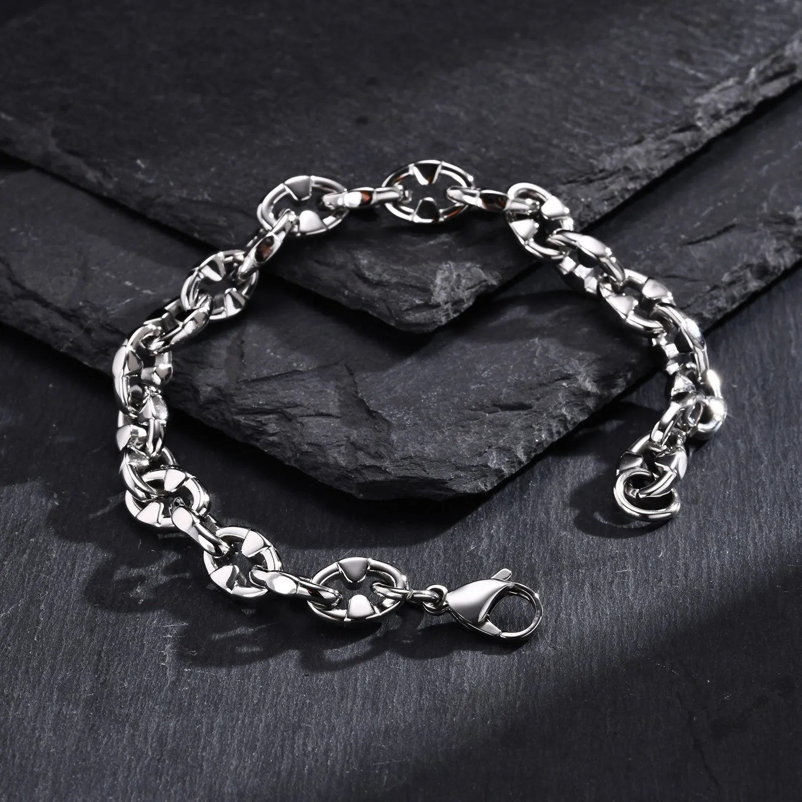 Stainless steel geometric thick chain bracelet with handmade links, steel colour finish