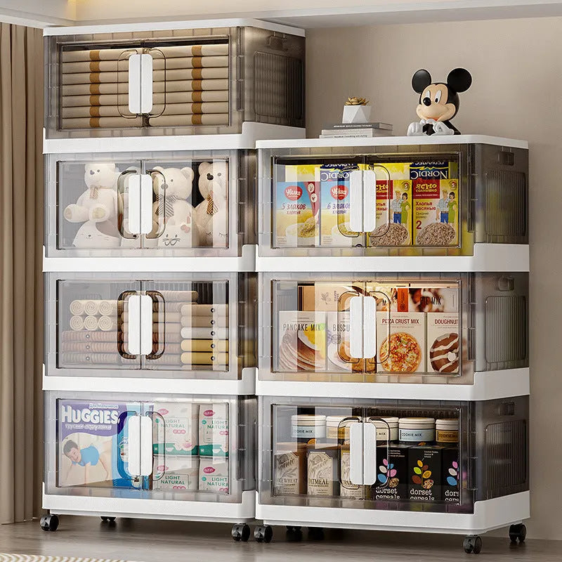 A white foldable storage locker with wheels and multiple shelves, shown in a home setting.