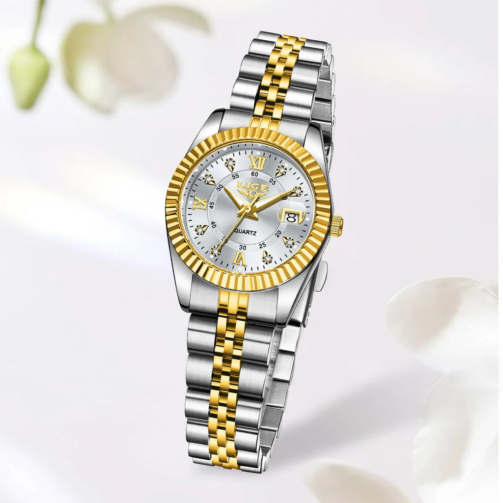Ladies waterproof quartz fashion watch in gold or silver with 10mm thickness