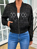 Black women's casual jacket with geometric pattern and semi-transparent thread zipper