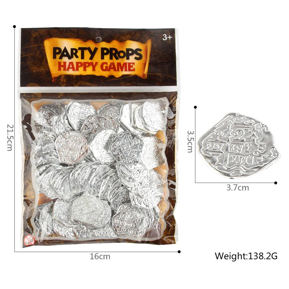 Set of 100 plastic Roman coins with electroplated bronze, gold, or silver finish, shown in hand for scale.