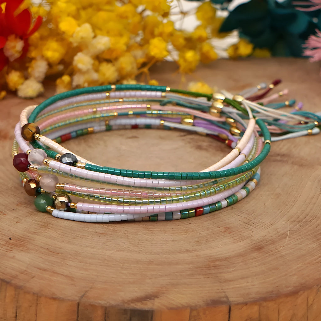 Handmade women's colourful beaded bracelet with glass and glaze beads in Bohemian style.