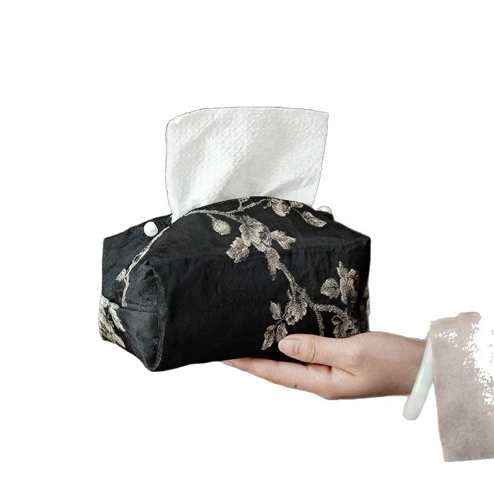 Chinese brocade fabric tissue box with embroidery white plum pattern, approx 17x6.5x10cm