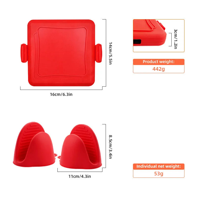 Red silicone baking tray with matching hand clamp set for anti-scald kitchen protection