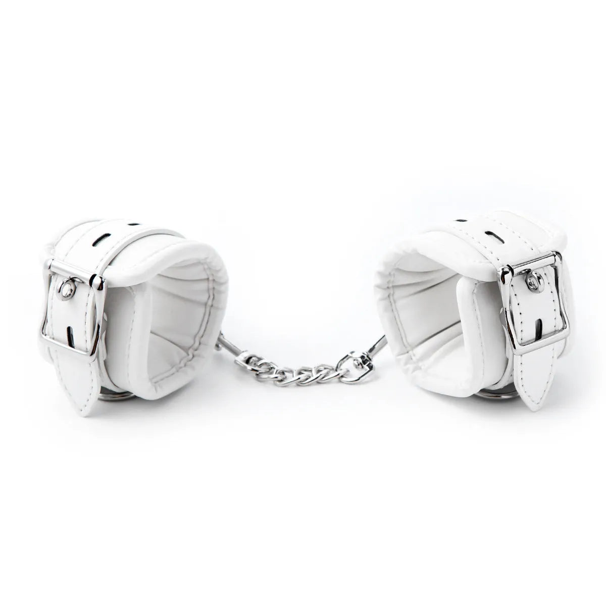 White PU sponge bondage set showing ankle bracelet, handcuffs, footcuffs, and a neck scarf.