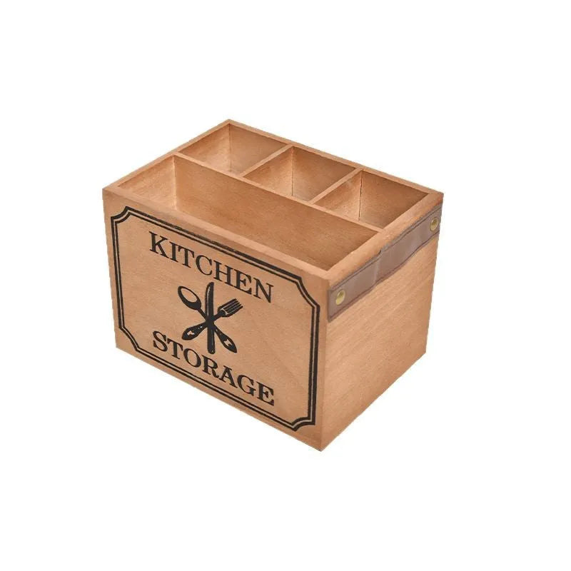 Wooden kitchen storage box with divider grid for knives forks chopsticks