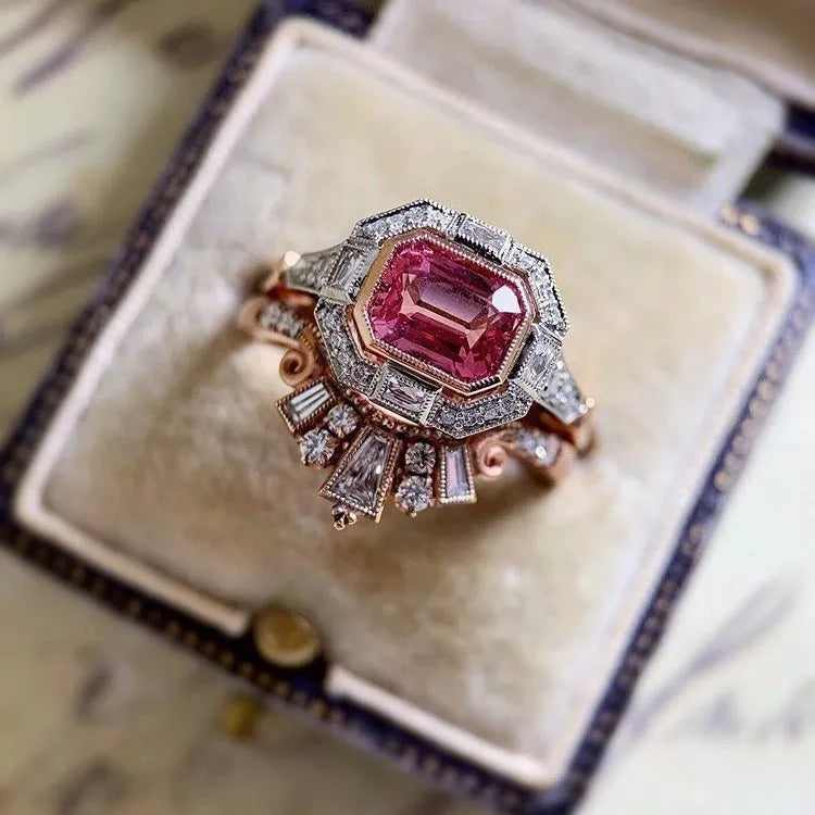 Rose gold geometric ruby women's ring with European retro styling on finger