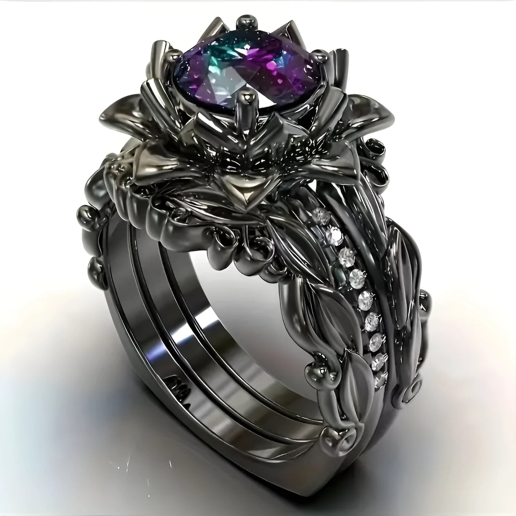 Women's geometric alloy ring with rose motif and zircon inlay, shown in rose gold, black rhinestone, and pink diamond electroplated finishes.