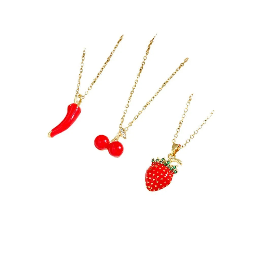 Titanium steel fashion necklace with delicate fruit and pepper pendant designs on O-ring chain