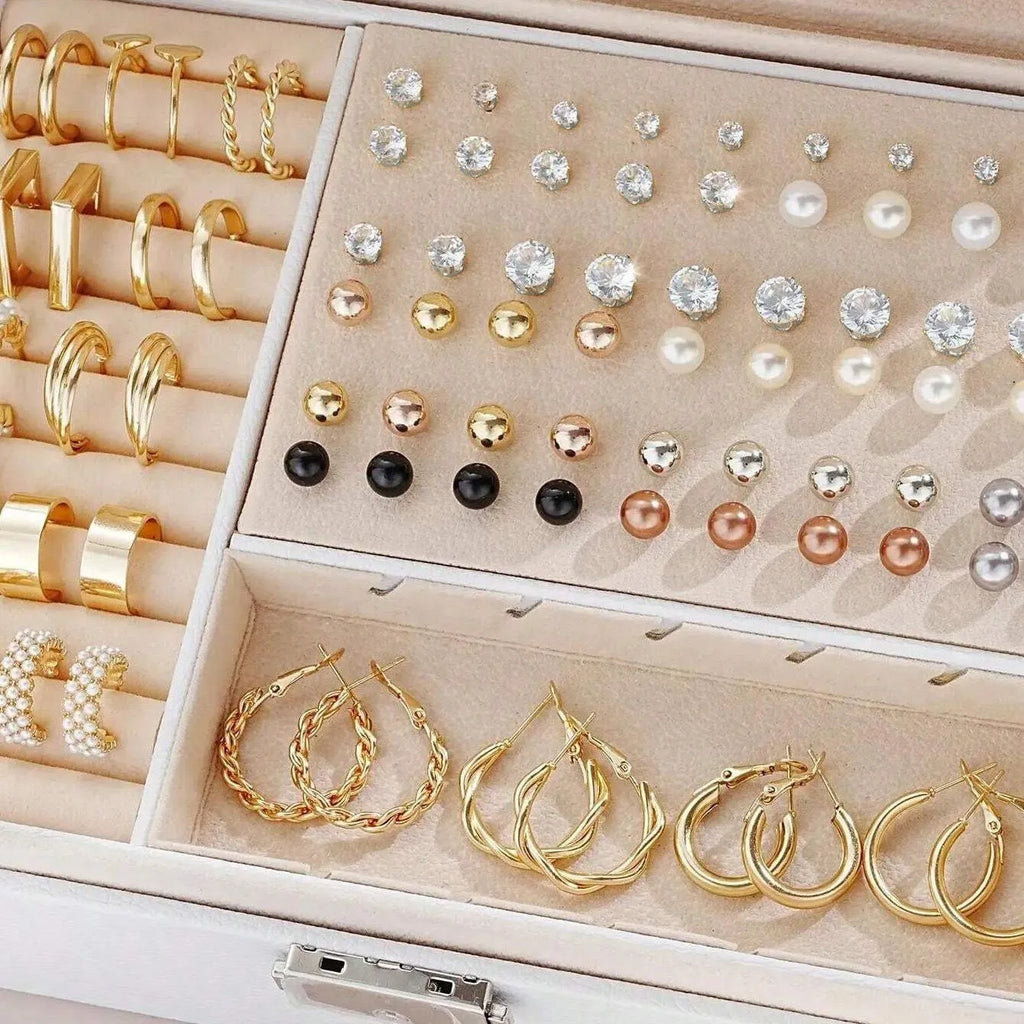 108 geometric alloy earrings with round pearl elements in gold and yellow electroplated finishes for women