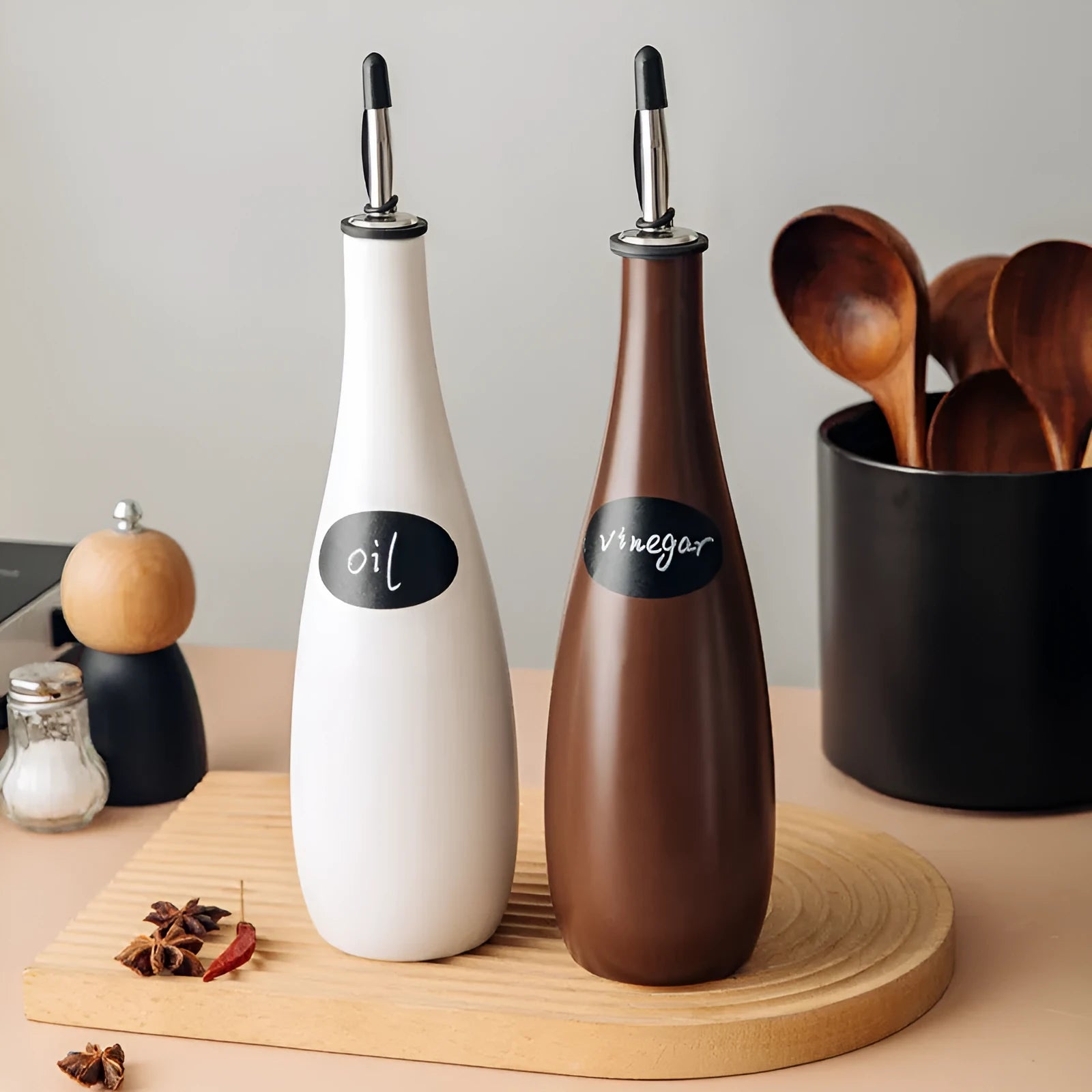 Ceramic kitchen oil pot with funnel and brush in black, coffee or white colour