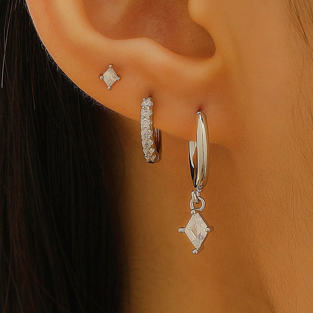 Geometric zircon three-piece ladies earring set with gold and silver plating options